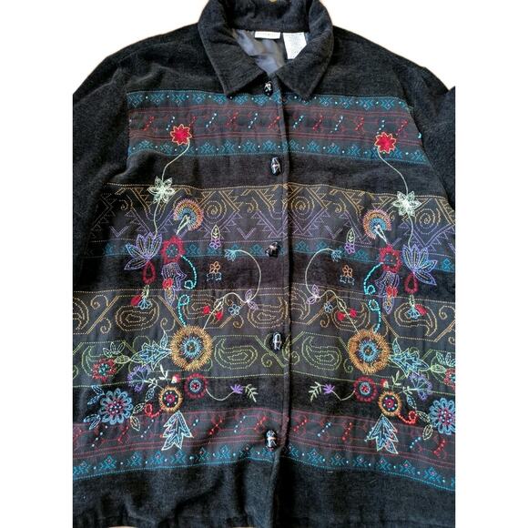 Vintage White Stag Embroidered Chenille Jacket XL Black Aztec Floral Artwear 90s - Picture 7 of 8